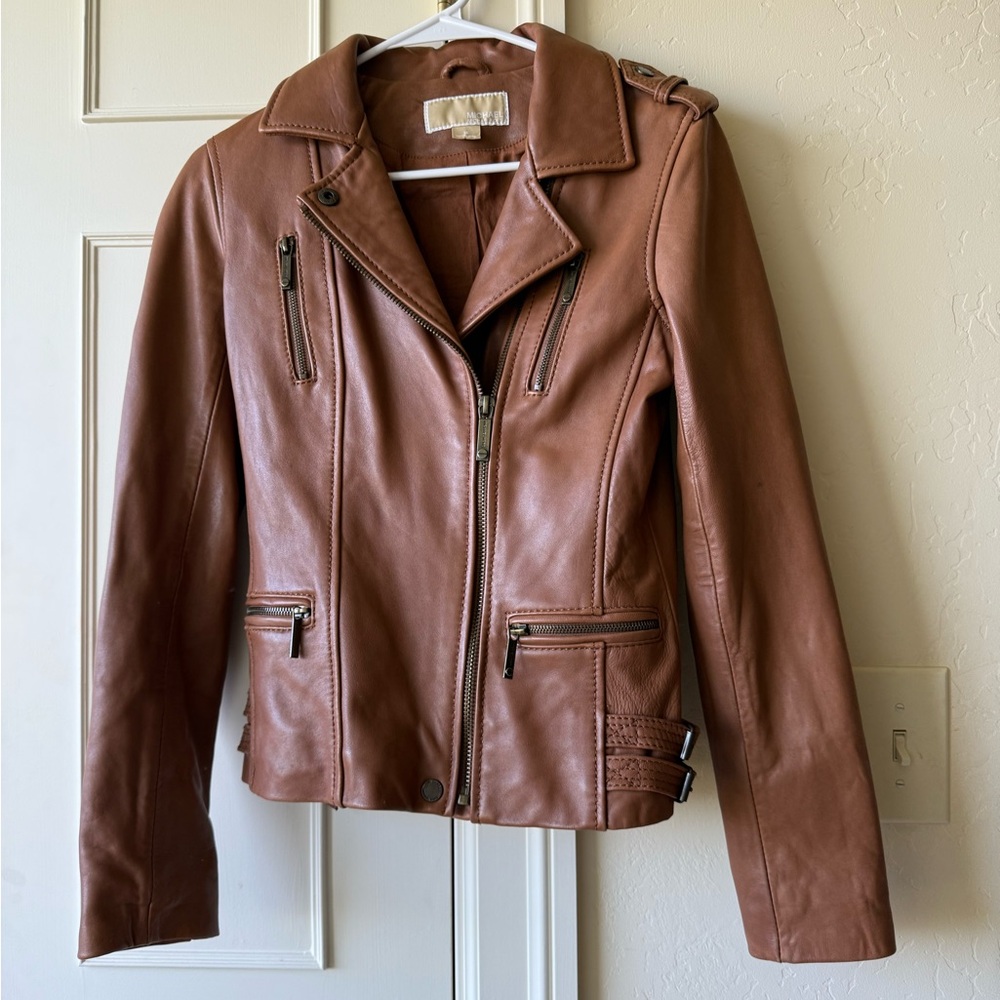 NWOT Michael Kors Brown Leather Jacket Size XS
